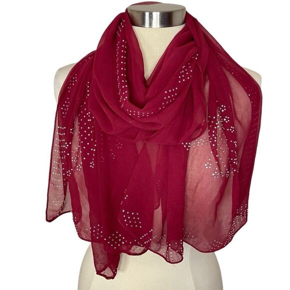 BURGUNDY Chiffon Embellished Pashmina‎ - Picture 2 of 6
